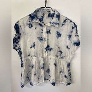 Rachel Zoe Linen Tie Dye Button Blouse Top Shirt Ruffle Hem Blue/White Sz XS